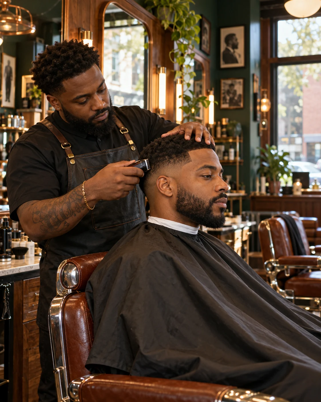 Barber giving a client a fresh haircut in a warm neighborhood barbershop