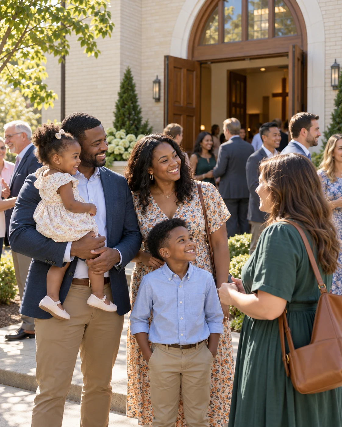Families welcomed outside a community church
