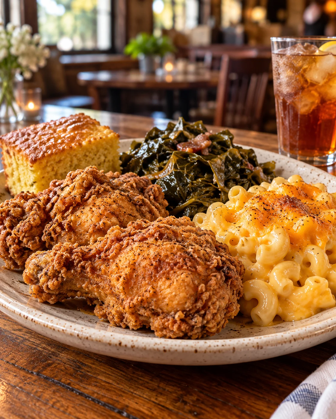 Fried chicken, macaroni and cheese, greens and cornbread